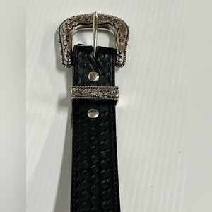 Mens Black Textured Western Belt With Chunky Silver Buckle